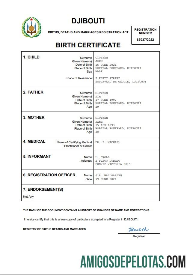 Em branco modelo Word e PDF de certidão de nascimento de Djibuti
